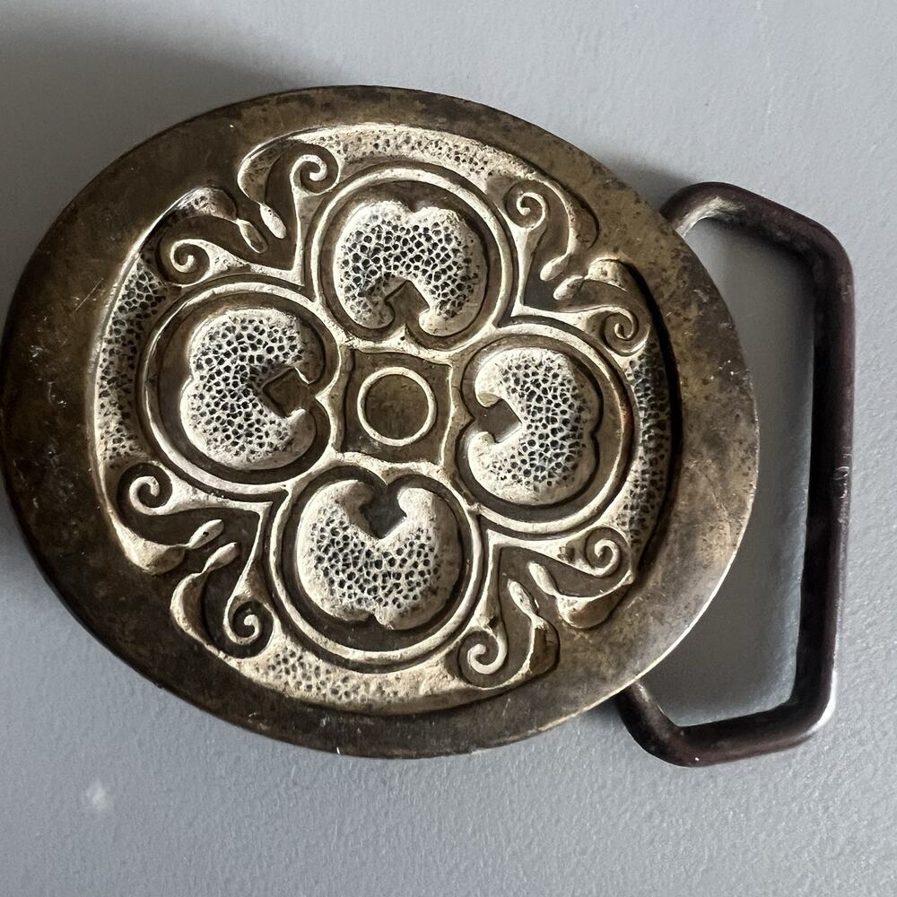 Vintage Solid Brass Belt Buckle BTS Made USA Celtic Scroll Western Boho Hippie